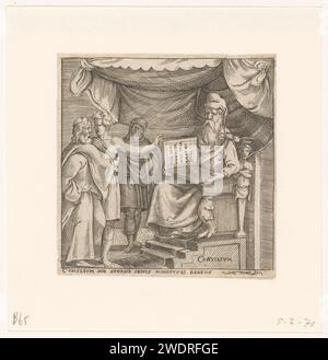 Raad, Enea Vico, dopo Francesco Salviati, 1533 - 1567 stampare Un giudice con un libro aperto [... Tempus Habemus, Operemur Bonum ...]. Ci sono tre uomini davanti a lui. Testo latino nel margine inferiore. Tipografia: Italyprint Maker: Zuid-Nederlandafter design by: Italy paper Engraving 'Consilium', Counsel  uno dei sette doni dello Spirito Santo Foto Stock