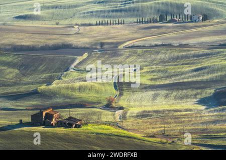 SAN QUIRICO D'ORCIA, TOSCANA - ITALIA - 14 dicembre 2020 - vivi il fascino pittoresco della Val d'Orcia in inverno con questa accattivante fotografia. Foto Stock