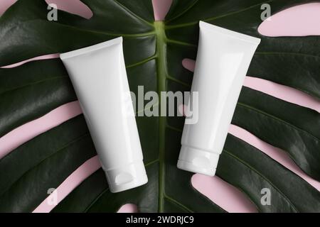 Vista dall'alto di un mockup bianco di color crema con una foglia monstera su sfondo rosa. Foto Stock