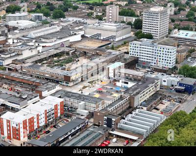 In programma per la ristrutturazione del centro di Harlow, Essex UK drone, aereo Foto Stock