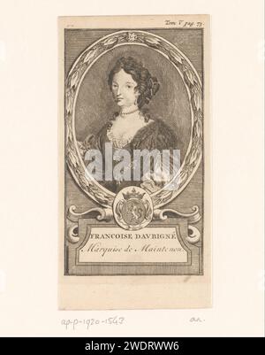 Portret van Madame de Maintenon, Anonimo, 1717 - 1750 stampa in alto a destra: Tom. V. P. 75. Incisione su carta dei Paesi Bassi settentrionali / incisione di persone storiche - BB - donna. ornamento  medaglione. cuscinetto araldico Foto Stock