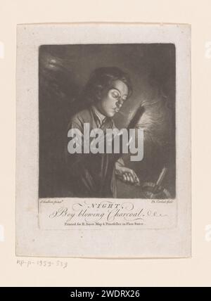 Boy soffia contro una torcia fatta di carbone, Philippe Corbutt, stampa 1748 - 1768 carta Londra che soffia (agitando un fuoco). notte. giovani, adolescenti Foto Stock