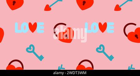 Motivo di San Valentino senza cuciture con lucchetto a forma di cuore, chiave, freccia e parola d'amore su illustrazione vettoriale rosa Illustrazione Vettoriale