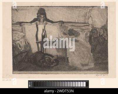 All'interno con due uomini sdraiati, una donna si trova contro il muro alla luce di una candela, Marcel Roux, 1908 - 1911 stampa donna in bianco si trova tra due letti ed è molto illuminata, sul pavimento davanti a lei c'è un uomo e sulla destra al letto c'è un uomo con un bicchiere in mano. Sul tavolo al centro una bottiglia e un altro bicchiere. alcolismo da incisione di carta. bevande alcoliche Foto Stock