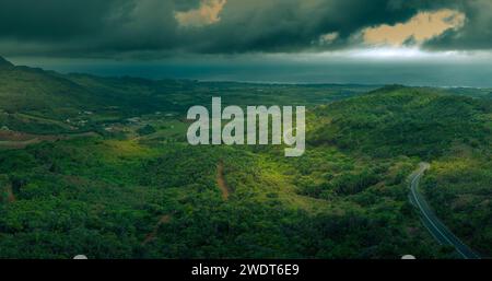 Vista aerea della strada attraverso il Black River Gorges National Park, Mauritius, Oceano Indiano, Africa Foto Stock