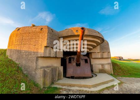La batteria di artiglieria tedesca a Longues-sur-Mer, Longues-sur-Mer, Normandia, Francia, Europa Foto Stock