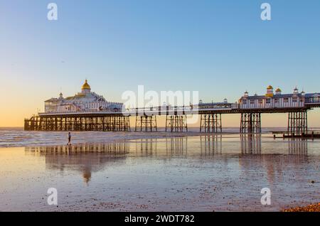 Eastbourne Pier at Sunrise, costruito negli anni '1870 e classificato di grado II*, Eastbourne, East Sussex, Inghilterra, Regno Unito, Europa Foto Stock
