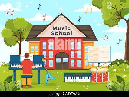 Scuola di musica illustrazione vettoriale con suonare vari strumenti musicali, formazione di musicisti e cantanti in Flat Kids Cartoon background Illustrazione Vettoriale