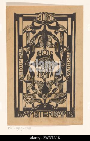 Ex Libris della Hou'en Trouw Association, Carel Adolph Lion Cachet, 1916 stampa al centro due mani che si scuotono a vicenda. Sinistra verticalmente 'Hou' e ', sulla destra verticale' Faithful '. Uccelli stilizzati sopra e sotto. Carta di Amsterdam che stringe la mano, "dextrarum junctio". Birds Amsterdam Foto Stock
