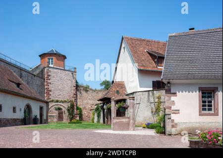 Storica stampa vinicola locale ed ex mura cittadine, Westhoffen, Alsazia, Francia, Europa Foto Stock