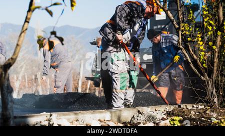 Materiale fotografico di magazzino per cantieri stradali, posa di una nuova superficie di asfalto, macchine per impieghi gravosi, lavoratori edili, lavori di pavimentazione Foto Stock