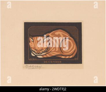 Dicembre, Julie de Graag, 1917 stampa Un gatto addormentato. Carta CAT. Dicembre; dicembre (maturo) Foto Stock