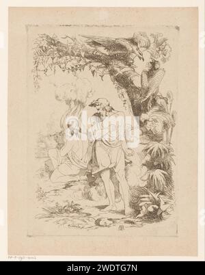 Offerta di Caino e Abel, Heinrich Vianden, 1844 stampa Belgio (possibilmente) carta incisione Envy; 'Invidia' (Ripa)  personificazione di uno dei sette peccati mortali. Il sacrificio di Caino e Abele: Abele offre un agnello, Caino di solito un guscio di mais. uccelli predatori: aquila Foto Stock