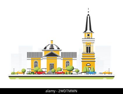 Vecchio edificio di chiesa in stile piatto con alberi e auto. Illustrazione vettoriale. Scena cittadina isolata su sfondo bianco. Architettura urbana. Illustrazione Vettoriale