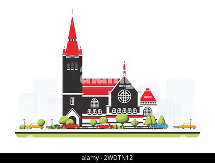 Vecchio edificio della cattedrale in stile piatto con alberi e automobili. Illustrazione vettoriale. Scena cittadina isolata su sfondo bianco. Architettura urbana. Illustrazione Vettoriale