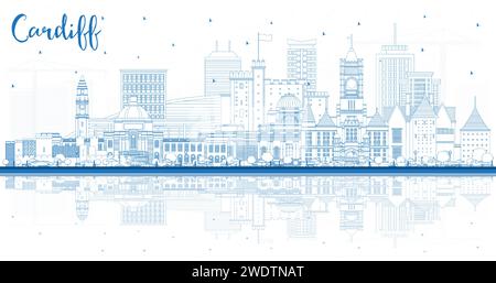 Delinea lo skyline di Cardiff, Galles, con edifici e riflessi blu. Illustrazione vettoriale. Cardiff, Regno Unito, con i suoi monumenti storici. Viaggi d'affari e. Illustrazione Vettoriale