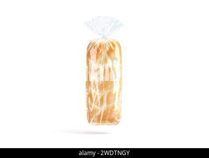 Pane bianco in confezione trasparente di cellophane mockup, senza gravità, rendering 3D. Confezione per pasticceria usa e getta vuota, isolata. Confezione trasparente di cellofane Foto Stock