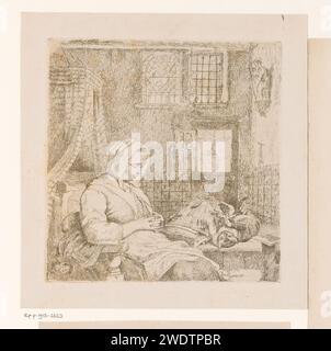 Operaio pizzo addormentato in un interno con gatto sul tavolo, Ignatius Josephus van Regemorter, 1795 - 1873 stampa carta incisione addormentarsi; incoscienza. cat. interno della casa Foto Stock