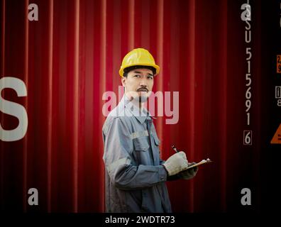 L'ingegnere O il lavoratore sta scrivendo e controllando il documento della lista di controllo durante l'ispezione e l'ispezione di sicurezza presso il deposito merci per container Foto Stock