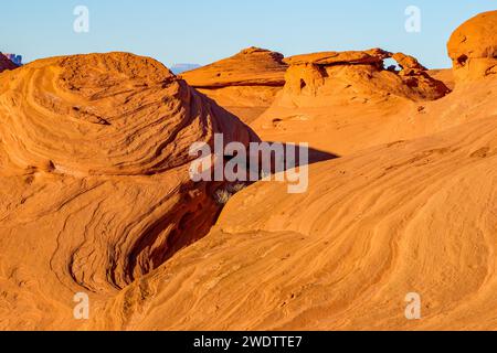 Modelli di letti incrociati nell'arenaria erosa nella Mystery Valley nel Monument Valley Navajo Tribal Park in Arizona. Foto Stock