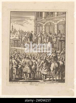 Decapitazione di Lady Jane Gray a Londra, 1554, Jan Luyken, 1698 stampa decapitazione di Lady Jane Gray su Tower Green a Londra, 12 febbraio 1554. Carta di Amsterdam incidere morte violenta per decapitazione Torre di Londra Foto Stock