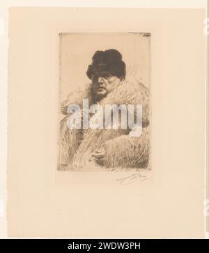 Autoritratto con pelliccia e cappello, Anders Leonard Zorn, stampa 1916 Autoritratto con cappotto di pelliccia con cappello, a metà strada, una sigaretta in mano. testina per incisione/incisione su carta: cappuccio (+ abiti da uomo). ritratto, autoritratto dell'artista Foto Stock