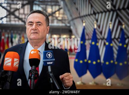 Bruxelles, Belgio. 22 gennaio 2024. © Nicolas Landemard/le Pictorium/MAXPPP - Bruxelles 22/01/2024 Arrivee du nouveau ministre des affaires etrangeres israelien, Israel Katz. Credito: MAXPPP/Alamy Live News Foto Stock