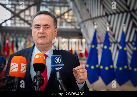 Bruxelles, Belgio. 22 gennaio 2024. © Nicolas Landemard/le Pictorium/MAXPPP - Bruxelles 22/01/2024 Arrivee du nouveau ministre des affaires etrangeres israelien, Israel Katz. Credito: MAXPPP/Alamy Live News Foto Stock