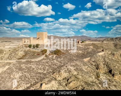 Vista aerea del castello medievale di Jumilla a Murcia in Spagna, su una collina, imponente struttura di forma irregolare a quattro piani, merlature merlate nuvolose Foto Stock