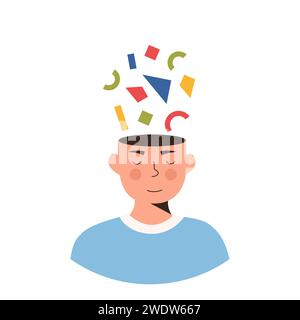Persona con pensieri e sentimenti complicati. Pensare, pianificare, risolvere problemi o rompicapo in mente. Concetto psicologico. Autistico perso Illustrazione Vettoriale