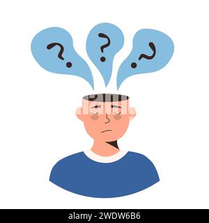 Un uomo triste con problemi nervosi si sente depresso con un punto interrogativo nella bolla sopra la testa illustrazione vettoriale. Disturbo mentale, caos nella coscienza. Ragazzo Illustrazione Vettoriale
