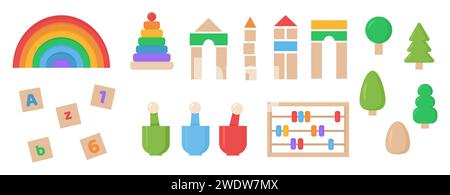 Set vettoriale di giocattoli del sistema Montessori. Giochi logici per bambini in età prescolare. Giocattoli ecologici in legno per lo sviluppo del bambino. Collezione colorata Illustrazione Vettoriale