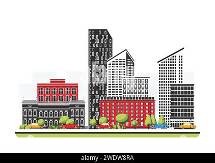 Quartiere degli affari con grattacieli in stile piatto con alberi. Illustrazione vettoriale. Scena cittadina isolata su sfondo bianco. Architettura urbana. Illustrazione Vettoriale