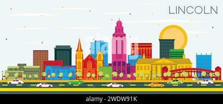 Lincoln Nebraska skyline della città con edifici di colore e cielo blu. Illustrazione Vettoriale. Viaggi di affari e di turismo con il concetto di architettura storica. Illustrazione Vettoriale