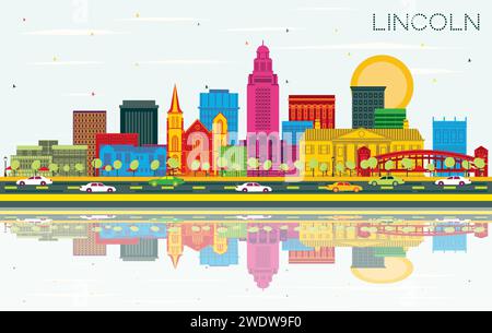 Skyline di Lincoln, Nebraska City, con edifici colorati, cielo blu e riflessi. Illustrazione vettoriale. Illustrazione Vettoriale