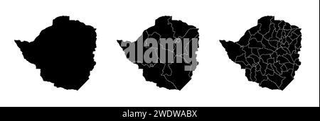 Insieme di mappe di stato dello Zimbabwe con la divisione delle regioni e dei comuni. Confini del reparto, mappe vettoriali isolate su sfondo bianco. Illustrazione Vettoriale