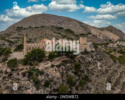 Vista aerea del castello di Mola e del santuario di Santa Maria Maddalena in stile modernista catalano, la facciata principale presenta due torri laterali Foto Stock