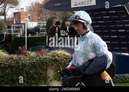 Ascot, Berkshire, Regno Unito. 24 novembre 2023. Jockey Nico de Boinville si aggiudica la gara di lancio Give the Gift of Ascot Membership all'ippodromo di Ascot durante il meeting del venerdì delle corse di novembre. Horse DoddieTheGreat. Proprietario K Alexander, allenatore Nicky Henderson, Lambourn. Allevatore Kenneth Alexander. Credito: Maureen McLean/Alamy Foto Stock