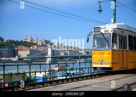Linea del tram che corre lungo il Danubio, Budapest Ungheria Foto Stock