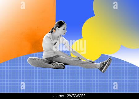 Collage 3d immagine pinup pop schizzo retrò di attraente femminile gambe stretching riscaldare stile di vita sano strano strano strano strano strano strano fantasia insolito Foto Stock