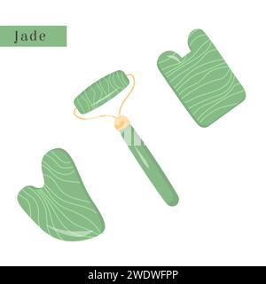 Set di Gua Sha e rullo di giada verde naturale. Strumento di massaggio raschiatura. Raschietto in pietra verde naturale. Sollevamento facciale naturale anti-età per donna. Alla moda Illustrazione Vettoriale