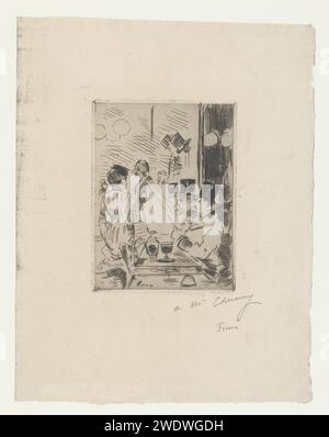 Interno di un caffè, Jean-Louis Forain, c. 1876 stampa interno di un caffè con uomini con cappelli alti a un tavolo e una donna in piedi per loro. France paper etching inn, caffetteria, pub, ecc... head-gear: cappello Foto Stock