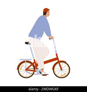 Uomo elegante che guida su strada bicicletta pieghevole illustrazione vettoriale piatta. Giro maschile alla moda su un trasporto personale ecologico urbano isolato su di esso Illustrazione Vettoriale