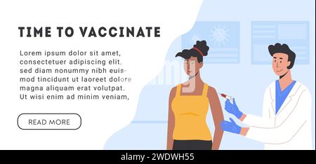 Donna africana che prende il vaccino. Giovane medico con siringa e iniezione. Covid-19 Coronavirus Calendario vaccinazione per adulti Concept. Banner o poster con Illustrazione Vettoriale