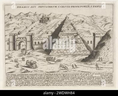 Piramide Van Cestius te Roma, Giacomo Lauro, 1612 - 1628 stampa veduta della piramide di Cestio, delle mura aureliane e della porta San Paolo a Roma. Testo in latino in STUDMARGE. La stampa fa parte di un album. Paesaggio di carta di Roma con rovine. vista sulla città e paesaggio con costruzioni artificiali. piramide (forma di tomba storica). Piramide di Cestio, porta della città. Muro Aureliano. Porta San Paolo Foto Stock