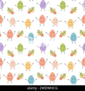 Ripetizione senza cuciture. Personaggi delle uova di Pasqua decorati con vari ornamenti e volti divertenti, fiori in fiore. Stampa natalizia o web design sul retro bianco Illustrazione Vettoriale