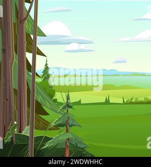 Bordo della foresta di conifere. Alberi estivi. Paesaggio paesaggio. Divertente stile cartoni animati. Vettore Illustrazione Vettoriale