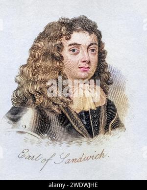 Edward Montagu 1. Graf von Sandwich, visconte Hinchingbrooke, 1625 - 1672. English Admiral. Dal libro Crabbs Historical Dictionary pubblicato nel 1825., Historisch, digital restaurierte Reproduktion von einer Vorlage aus dem 19. Jahrhundert, data record non indicata Foto Stock