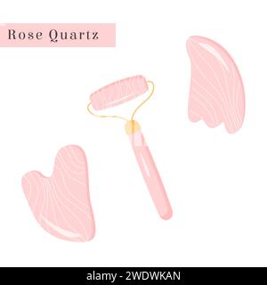 Set di rullo di giada naturale Gua Sha e quarzo rosa. Strumento di massaggio raschiatura. Raschietto in pietra rosa naturale. Sollevamento facciale naturale anti-età per donna. TR Illustrazione Vettoriale