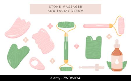Set di Gua Sha al quarzo rosa e rullo di giada naturale. Strumento di massaggio raschiatura. Raschietto in pietra verde e rosa naturale in diverse forme. Siero Face OIL bo Illustrazione Vettoriale